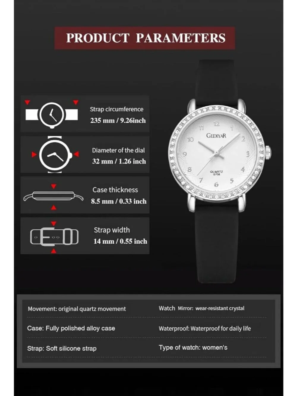 Womens Black White Analog Quartz Crystal Rhinestone Bezel Waterproof Wrist Watch